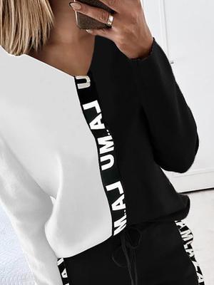 Women's Sets V-Neck Long Sleeve T-Shirt & Letter Trousers Two-Piece Suit - Sets - INS | Online Fashion Free Shipping Clothing, Dresses, Tops, Shoes - 30/09/2021 - Bottom - Color_Black