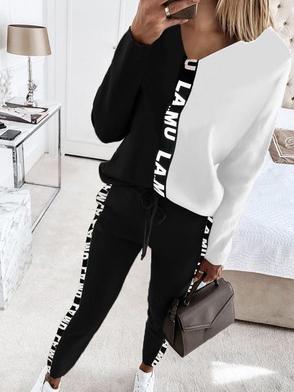 Women's Sets V-Neck Long Sleeve T-Shirt & Letter Trousers Two-Piece Suit - Sets - INS | Online Fashion Free Shipping Clothing, Dresses, Tops, Shoes - 30/09/2021 - Bottom - Color_Black