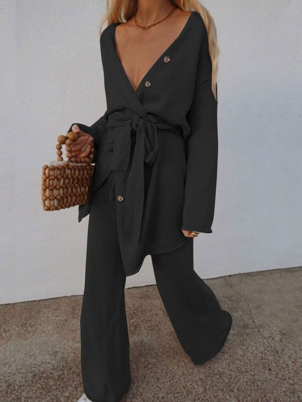 Women's Sets V-Neck Tie Buttoned Shirt & Trousers Two-Piece Suit - Sets - INS | Online Fashion Free Shipping Clothing, Dresses, Tops, Shoes - 30/09/2021 - Bottom - Color_Black