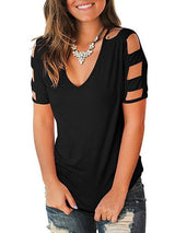 Women's Short Sleeve Cut Out Cold Shoulder Tops Deep V Neck T Shirts - T-Shirts - INS | Online Fashion Free Shipping Clothing, Dresses, Tops, Shoes - 16/03/2021 - 2XL - Black