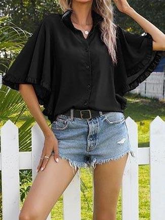 Women's Solid Color Ruffle Short Sleeve Shirt - Blouses - INS | Online Fashion Free Shipping Clothing, Dresses, Tops, Shoes - 22/03/2021 - AMZ - Black