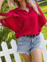 Women's Solid Color Ruffle Short Sleeve Shirt - Blouses - INS | Online Fashion Free Shipping Clothing, Dresses, Tops, Shoes - 22/03/2021 - AMZ - Black