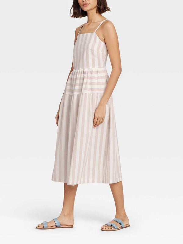 Women's Striped Tiered Suspend Dress - Midi Dresses - INS | Online Fashion Free Shipping Clothing, Dresses, Tops, Shoes - 15/04/2021 - Color_Cream - Daily