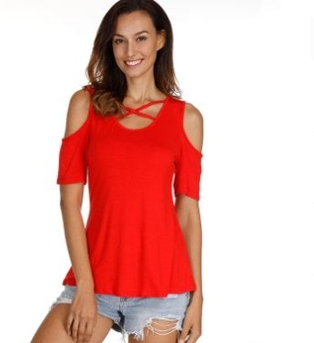 Women's Summer Shirts V Neck Criss Cross Casual Cold Shoulder Tops - T-Shirts - INS | Online Fashion Free Shipping Clothing, Dresses, Tops, Shoes - 16/03/2021 - Black - Color_Black