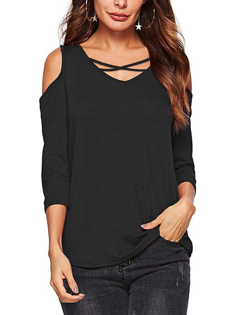 Women's Summer Shirts V Neck Criss Cross Casual Cold Shoulder Tops - T-Shirts - INS | Online Fashion Free Shipping Clothing, Dresses, Tops, Shoes - 16/03/2021 - Black - Color_Black