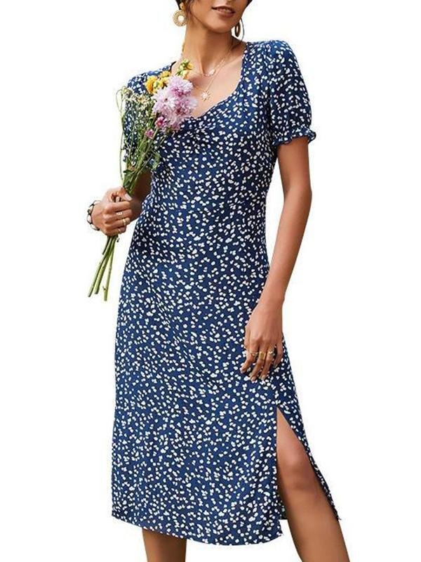 Women's Summer Slit Short Sleeve Floral Dress - Dresses - INS | Online Fashion Free Shipping Clothing, Dresses, Tops, Shoes - 18/03/2021 - Color_Blue - Color_Navy Blue