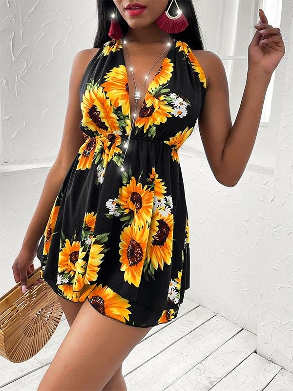 Women's Sunflower V-neck Open Back Casual Dress - Dresses - INS | Online Fashion Free Shipping Clothing, Dresses, Tops, Shoes - 18/03/2021 - Black - Casual