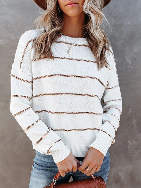 Women's Sweaters Casual Round Neck Striped Long Sleeve Sweater - Cardigans & Sweaters - INS | Online Fashion Free Shipping Clothing, Dresses, Tops, Shoes - 16/11/2021 - 30-40 - Cardigans & Sweaters