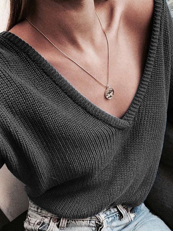 Women's Sweaters Casual Solid V-Neck Long Sleeve Knitted Sweater - Sweaters - INS | Online Fashion Free Shipping Clothing, Dresses, Tops, Shoes - 13/08/2021 - 20-30 - color-army_green