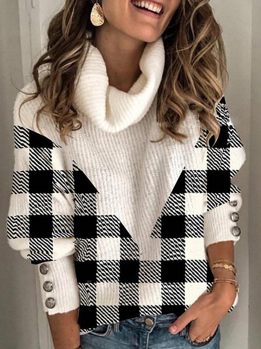 Women's Sweaters Check High Collar Button Pullover Sweater - Cardigans & Sweaters - INS | Online Fashion Free Shipping Clothing, Dresses, Tops, Shoes - 03/11/2021 - 20-30 - Cardigans & Sweaters