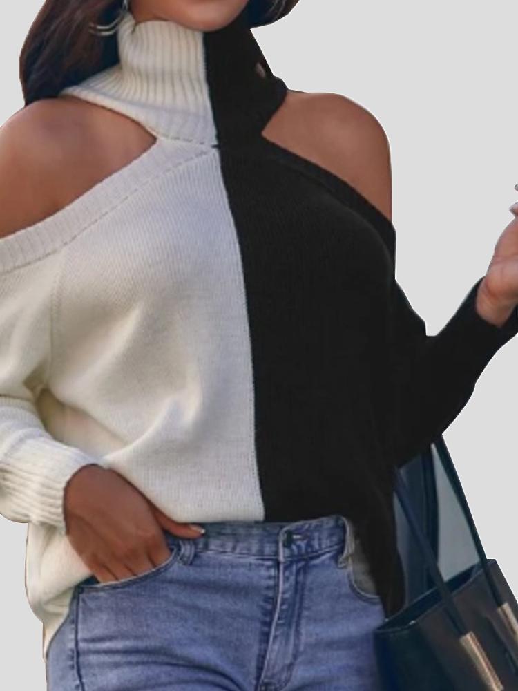 Women's Sweaters Contrasting Off-The-Shoulder High Collar Sweater - Cardigans & Sweaters - INS | Online Fashion Free Shipping Clothing, Dresses, Tops, Shoes - 27/10/2021 - 30-40 - Cardigans & Sweaters