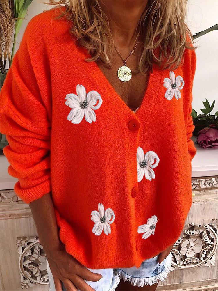 Women's Sweaters Embroidered V-Neck Long Sleeve Cardigan Sweater - Cardigans & Sweaters - INS | Online Fashion Free Shipping Clothing, Dresses, Tops, Shoes - 18/09/2021 - 40-50 - Cardigans & Sweaters
