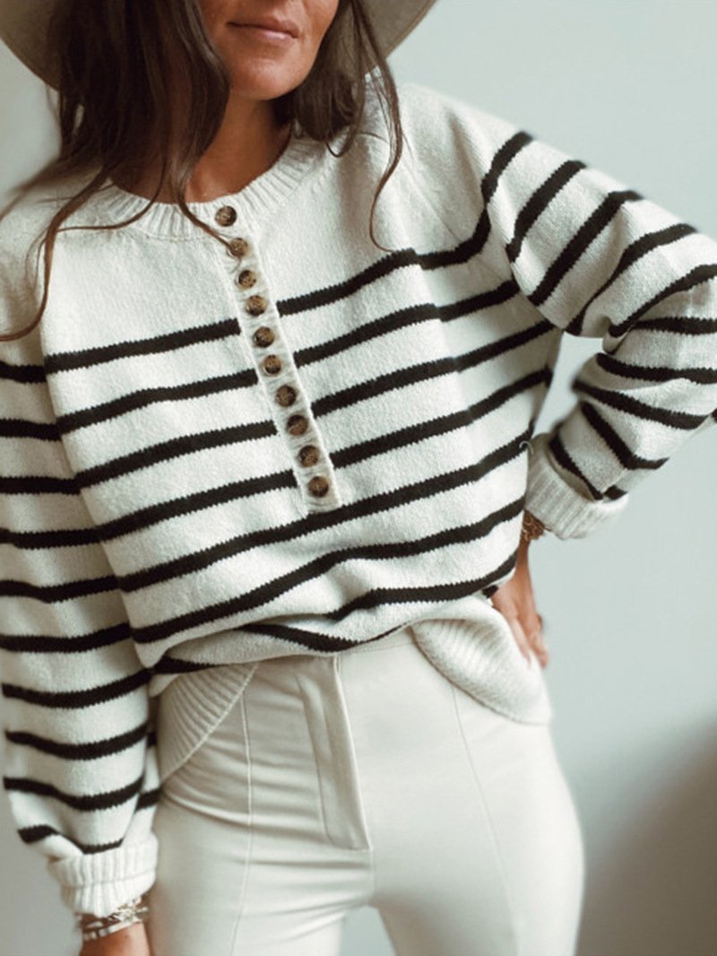 Women's Sweaters Fashion Striped Round Neck Button Sweater - Cardigans & Sweaters - INS | Online Fashion Free Shipping Clothing, Dresses, Tops, Shoes - 03/11/2021 - 30-40 - Cardigans & Sweaters