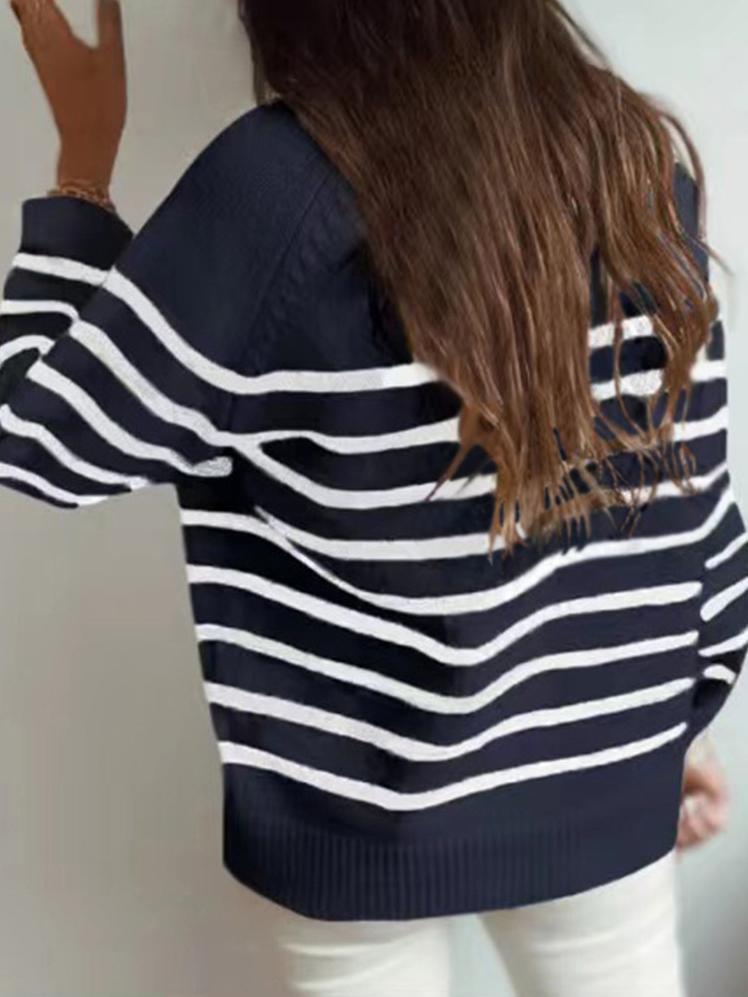 Women's Sweaters Fashion Striped Round Neck Button Sweater - Cardigans & Sweaters - INS | Online Fashion Free Shipping Clothing, Dresses, Tops, Shoes - 03/11/2021 - 30-40 - Cardigans & Sweaters