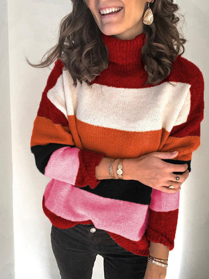 Women's Sweaters High Neck Stitching Striped Knitted Sweater - Cardigans & Sweaters - INS | Online Fashion Free Shipping Clothing, Dresses, Tops, Shoes - 08/09/2021 - 20-30 - Cardigans & Sweaters