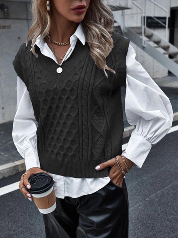 Women's Sweaters Knit V-Neck Vest Sleeveless Cable Sweater - INS | Online Fashion Free Shipping Clothing, Dresses, Tops, Shoes - 22/09/2021 - 30-40 - Cardigans & Sweaters