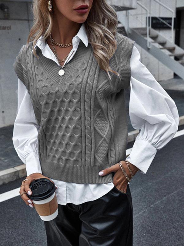 Women's Sweaters Knit V-Neck Vest Sleeveless Cable Sweater - INS | Online Fashion Free Shipping Clothing, Dresses, Tops, Shoes - 22/09/2021 - 30-40 - Cardigans & Sweaters