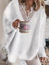 Women's Sweaters Lace Stitching Beaded V-Neck Long Sleeve Sweater - Cardigans & Sweaters - INS | Online Fashion Free Shipping Clothing, Dresses, Tops, Shoes - 25/10/2021 - 30-40 - Cardigans & Sweaters