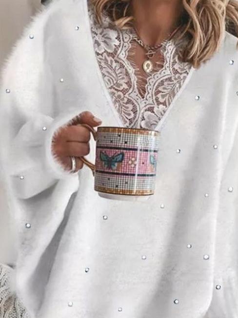 Women's Sweaters Lace Stitching Beaded V-Neck Long Sleeve Sweater - Cardigans & Sweaters - INS | Online Fashion Free Shipping Clothing, Dresses, Tops, Shoes - 25/10/2021 - 30-40 - Cardigans & Sweaters