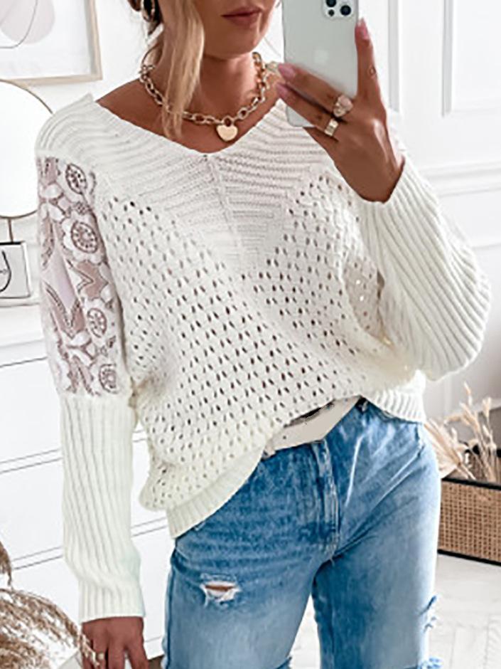 Women's Sweaters Lace Stitching Long Sleeve Hollow Knit Sweater - Cardigans & Sweaters - INS | Online Fashion Free Shipping Clothing, Dresses, Tops, Shoes - 1/11/2021 - 30-40 - Cardigans & Sweaters