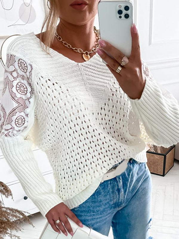 Women's Sweaters Lace Stitching Long Sleeve Hollow Knit Sweater - Cardigans & Sweaters - INS | Online Fashion Free Shipping Clothing, Dresses, Tops, Shoes - 1/11/2021 - 30-40 - Cardigans & Sweaters