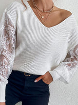 Women's Sweaters Lace Stitching V-Neck Long Sleeve Sweater - Cardigans & Sweaters - INS | Online Fashion Free Shipping Clothing, Dresses, Tops, Shoes - 11/11/2021 - 30-40 - Cardigans & Sweaters