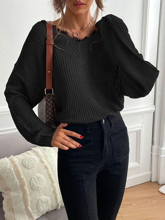 Women's Sweaters Lace Stitching V-Neck Long Sleeve Sweater - Cardigans & Sweaters - INS | Online Fashion Free Shipping Clothing, Dresses, Tops, Shoes - 08/11/2021 - 30-40 - C