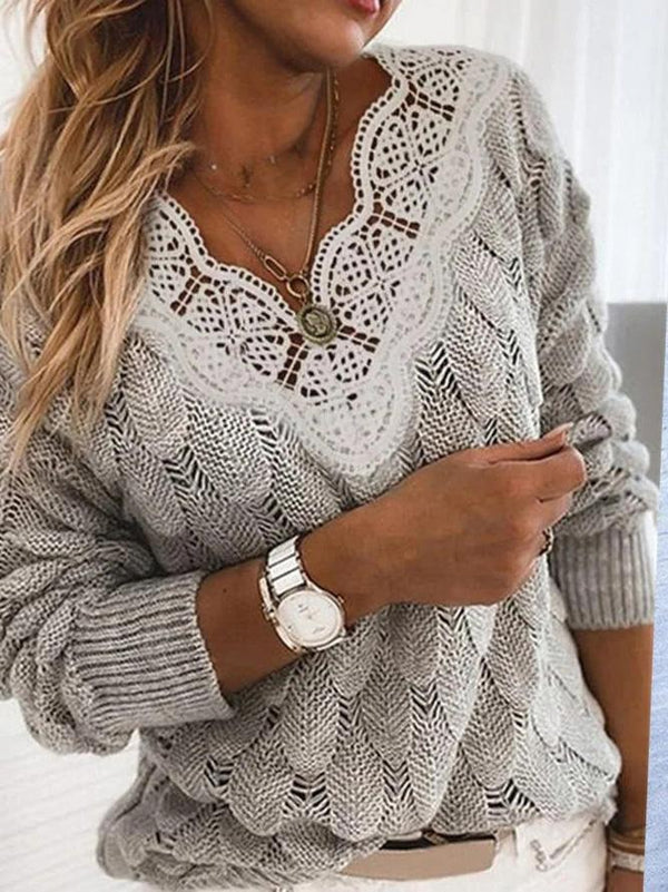 Women's Sweaters Lace V-Neck Hollow Long Sleeve Sweater - Cardigans & Sweaters - INS | Online Fashion Free Shipping Clothing, Dresses, Tops, Shoes - 19/11/2021 - 30-40 - Cardigans & Sweaters