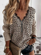 Women's Sweaters Lace Zip Leopard Print Long Sleeve Sweater - Cardigans & Sweaters - INS | Online Fashion Free Shipping Clothing, Dresses, Tops, Shoes - 27/10/2021 - 30-40 - Cardigans & Sweaters