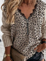 Women's Sweaters Lace Zip Leopard Print Long Sleeve Sweater - Cardigans & Sweaters - INS | Online Fashion Free Shipping Clothing, Dresses, Tops, Shoes - 27/10/2021 - 30-40 - Cardigans & Sweaters