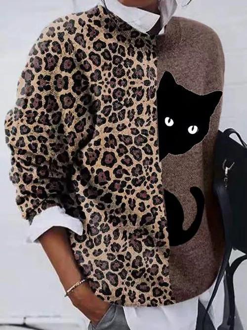 Women's Sweaters Leopard Cat Crew Neck Long Sleeve T-Shirt - Cardigans & Sweaters - INS | Online Fashion Free Shipping Clothing, Dresses, Tops, Shoes - 05/11/2021 - 20-30 - Cardigans & Sweaters