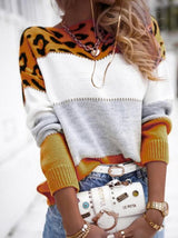 Women's Sweaters Leopard Print Color Block Round Neck Long Sleeve Sweater - Cardigans & Sweaters - INS | Online Fashion Free Shipping Clothing, Dresses, Tops, Shoes - 22/11/2021 - 30-40 - Cardigans & Sweaters
