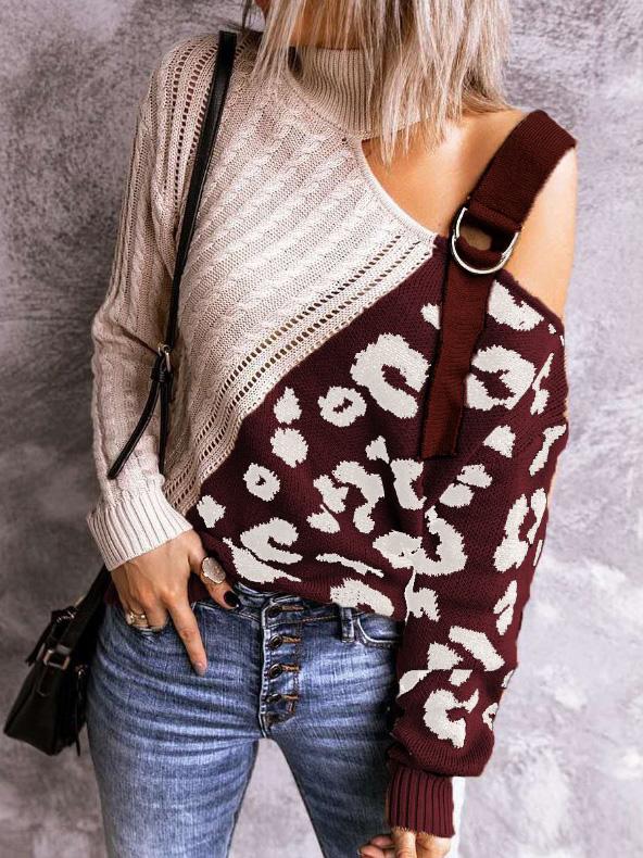 Women's Sweaters Leopard Print Color Block Turtleneck Off-Shoulder Sweater - Sweaters - INS | Online Fashion Free Shipping Clothing, Dresses, Tops, Shoes - 20/08/2021 - 40-50 - Cardigans & Sweaters