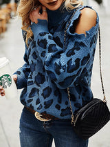 Women's Sweaters Leopard Print High Neck Long Sleeve Off-Shoulder Knitted Sweater - Cardigans & Sweaters - INS | Online Fashion Free Shipping Clothing, Dresses, Tops, Shoes - 03/09/2021 - 30-40 - Cardigans & Sweaters