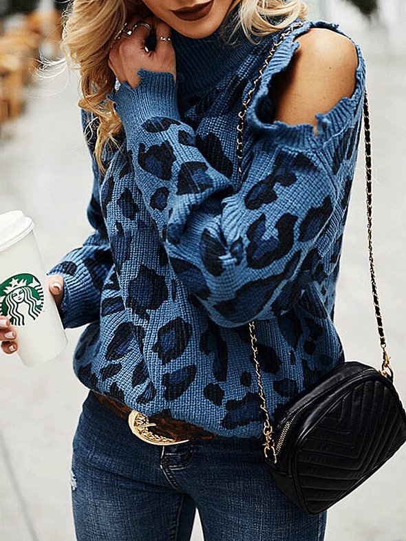 Women's Sweaters Leopard Print High Neck Long Sleeve Off-Shoulder Knitted Sweater - Cardigans & Sweaters - INS | Online Fashion Free Shipping Clothing, Dresses, Tops, Shoes - 03/09/2021 - 30-40 - Cardigans & Sweaters