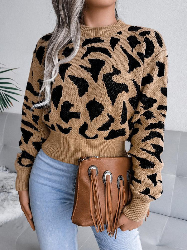 Women's Sweaters Leopard-Print Knitted Cropped Sweater - Cardigans & Sweaters - INS | Online Fashion Free Shipping Clothing, Dresses, Tops, Shoes - 20-30 - 22/09/2021 - Cardigans & Sweaters