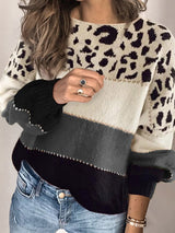 Women's Sweaters Leopard Print Stitching Round Neck Loose Sweater - Cardigans & Sweaters - INS | Online Fashion Free Shipping Clothing, Dresses, Tops, Shoes - 11/10/2021 - 30-40 - Cardigans & Sweaters