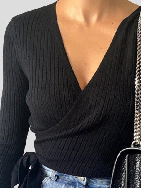 Women's Sweaters Long Sleeve V-Neck Lace-Up Sweater - Sweaters - INS | Online Fashion Free Shipping Clothing, Dresses, Tops, Shoes - 10-20 - 12/08/2021 - color-black