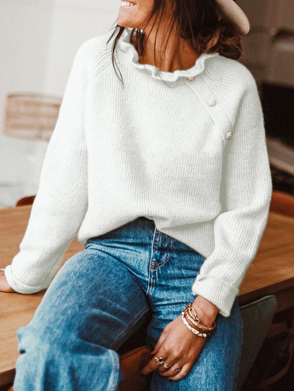 Women's Sweaters Lotus Leaf Collar Button Long Sleeve Sweaters - Cardigans & Sweaters - INS | Online Fashion Free Shipping Clothing, Dresses, Tops, Shoes - 12/11/2021 - 20-30 - Cardigans & Sweaters