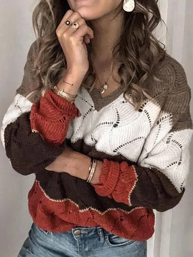 Women's Sweaters Multicolor Stitching V-Neck Hollow Sweater - Cardigans & Sweaters - INS | Online Fashion Free Shipping Clothing, Dresses, Tops, Shoes - 12/11/2021 - 30-40 - Cardigans & Sweaters