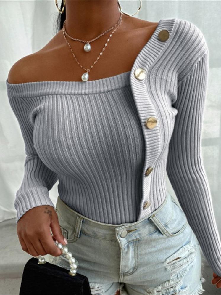 Women's Sweaters Off-The-Shoulder Stitching Button Sweaters - Cardigans & Sweaters - INS | Online Fashion Free Shipping Clothing, Dresses, Tops, Shoes - 20-30 - 21/08/2021 - Cardigans & Sweaters