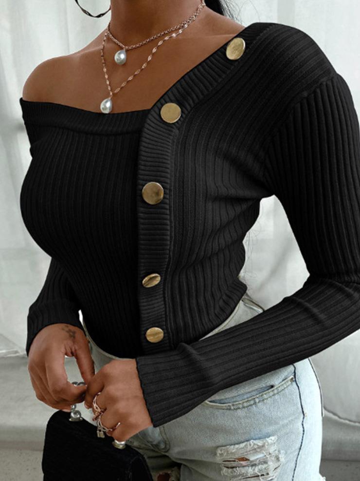 Women's Sweaters Off-The-Shoulder Stitching Button Sweaters - Cardigans & Sweaters - INS | Online Fashion Free Shipping Clothing, Dresses, Tops, Shoes - 20-30 - 21/08/2021 - Cardigans & Sweaters