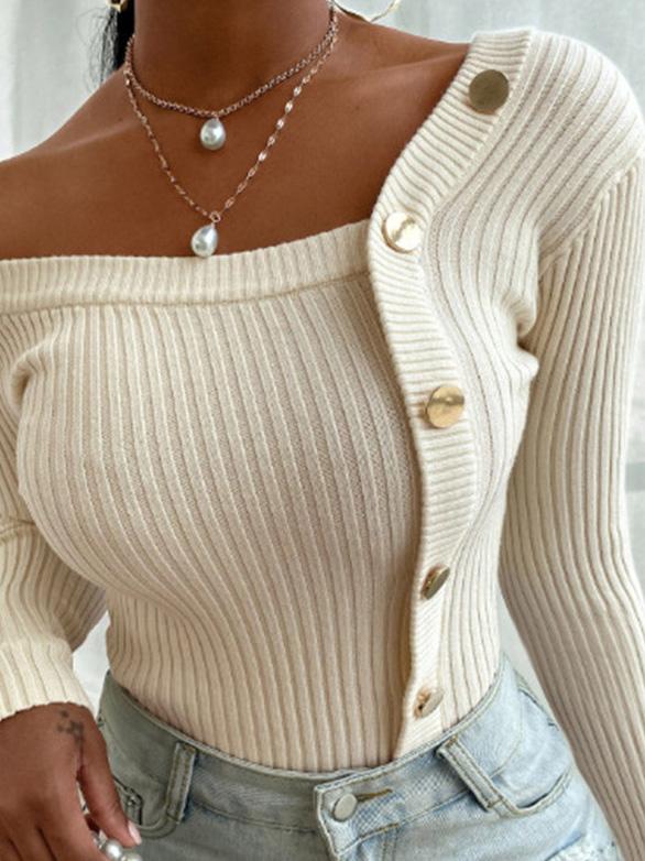 Women's Sweaters Off-The-Shoulder Stitching Button Sweaters - Cardigans & Sweaters - INS | Online Fashion Free Shipping Clothing, Dresses, Tops, Shoes - 20-30 - 21/08/2021 - Cardigans & Sweaters