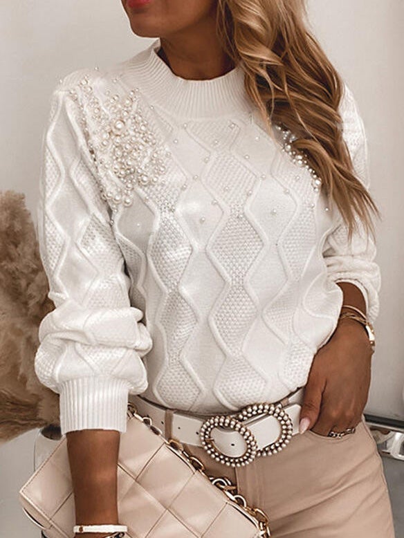 Women's Sweaters Pure Pearl Long Sleeve Knitted Sweater - Cardigans & Sweaters - Instastyled | Online Fashion Free Shipping Clothing, Dresses, Tops, Shoes - 29/12/2021 - 40-50 - Cardigans & Sweaters