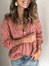 Women's Sweaters Solid Hollow V-Neck Button Knitted Sweater - Cardigans & Sweaters - INS | Online Fashion Free Shipping Clothing, Dresses, Tops, Shoes - 08/09/2021 - 30-40 - Cardigans & Sweaters