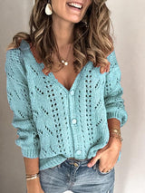 Women's Sweaters Solid Hollow V-Neck Button Knitted Sweater - Cardigans & Sweaters - INS | Online Fashion Free Shipping Clothing, Dresses, Tops, Shoes - 08/09/2021 - 30-40 - Cardigans & Sweaters