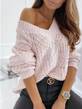 Women's Sweaters Solid V-Neck Hollow Pullover Long Sleeve Sweater - Cardigans & Sweaters - INS | Online Fashion Free Shipping Clothing, Dresses, Tops, Shoes - 18/11/2021 - 30-40 - Cardigans & Sweaters