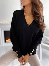 Women's Sweaters Solid V-Neck Long Sleeve Button Sweater - Cardigans & Sweaters - INS | Online Fashion Free Shipping Clothing, Dresses, Tops, Shoes - 15/10/2021 - Cardigans & Sweaters - Color_Black