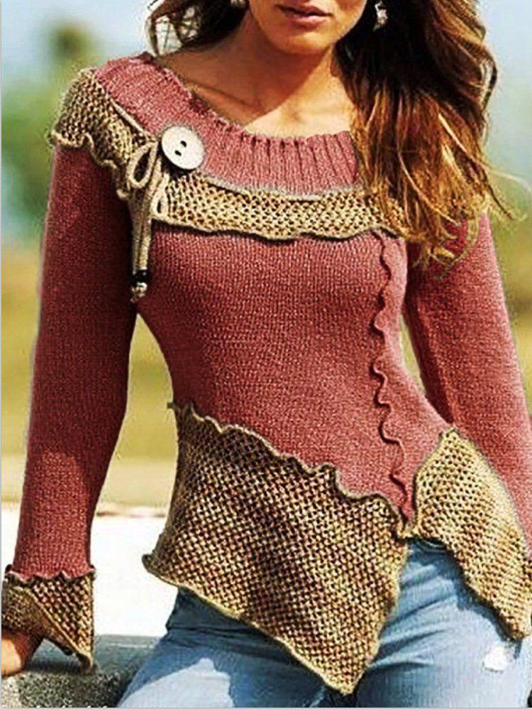 Women's Sweaters Stitching Round Neck Button Retro Long Sleeve Sweater - Cardigans & Sweaters - INS | Online Fashion Free Shipping Clothing, Dresses, Tops, Shoes - 07/09/2021 - 30-40 - Cardigans & Sweaters