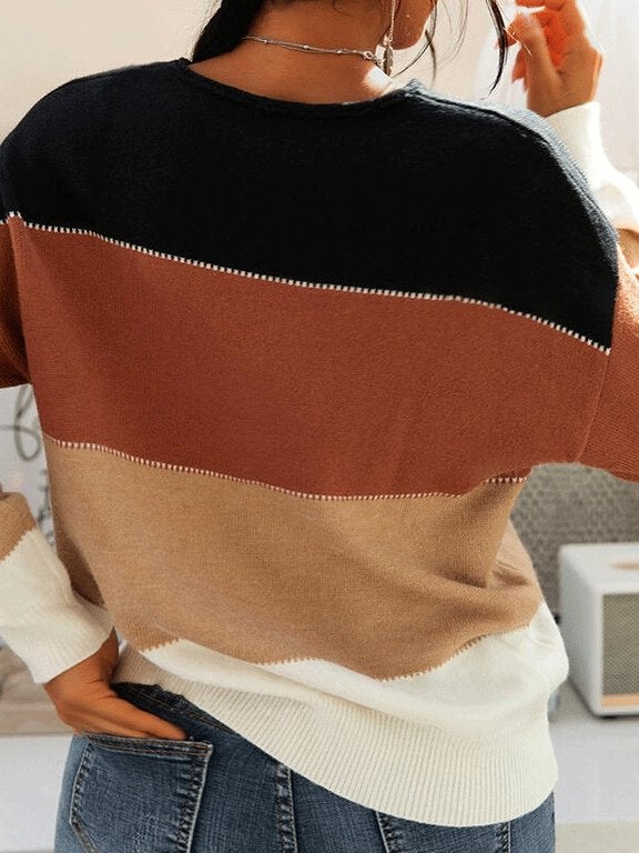 Women's Sweaters Striped Contrast Long Sleeve Round Neck Knitted Sweater - Cardigans & Sweaters - INS | Online Fashion Free Shipping Clothing, Dresses, Tops, Shoes - 03/09/2021 - 30-40 - Cardigans & Sweaters